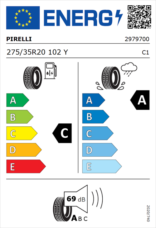 Tyre Label for Pirelli P ZERO Run Flat 275/35R20 102Y