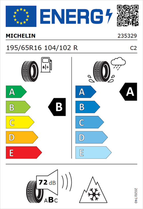 Tyre Label for Michelin Agilis 3 195/65R16 104/102R