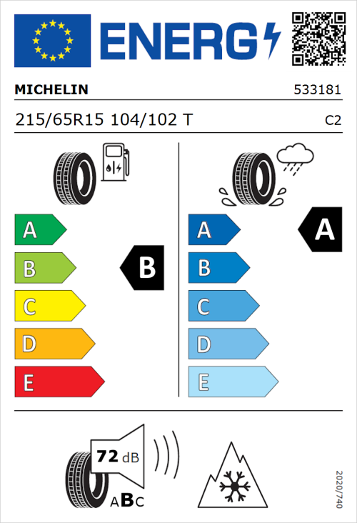 Tyre Label for Michelin Agilis 3 215/65R15 104/102T