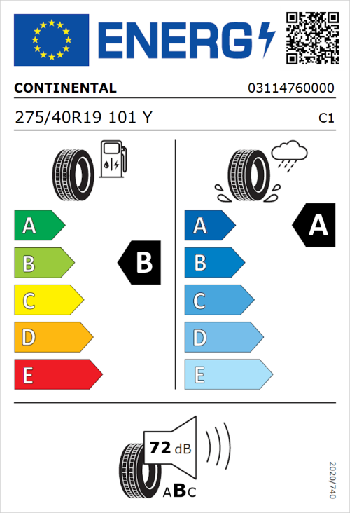 Tyre Label for Continental PremiumContact 6 275/40R19 101Y
