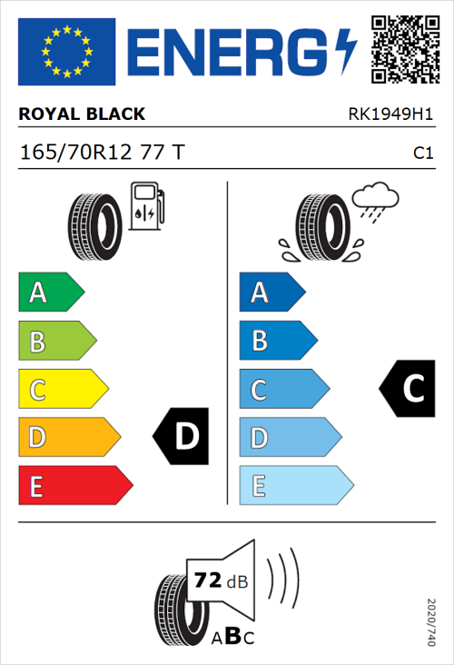 Tyre Label for Royal Black Royal Mile 165/70R12 77T