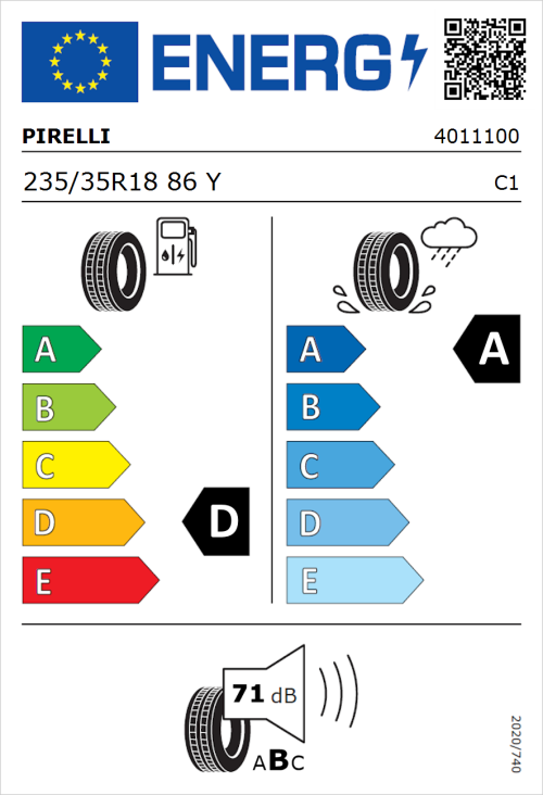 Tyre Label for Pirelli P Zero Asimmetrico 235/35R18 86Y
