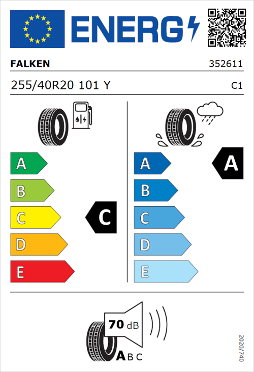Tyre Label for Falken Azenis FK520 255/40R20 101Y