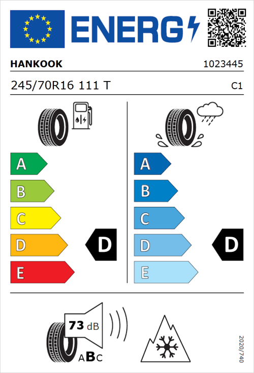 Tyre Label for Hankook Dynapro AT2 (RF11) 245/70R16 111T