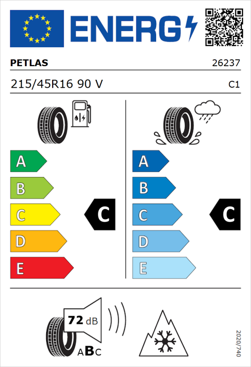 Tyre Label for Petlas Multi Action PT565 215/45R16 90V