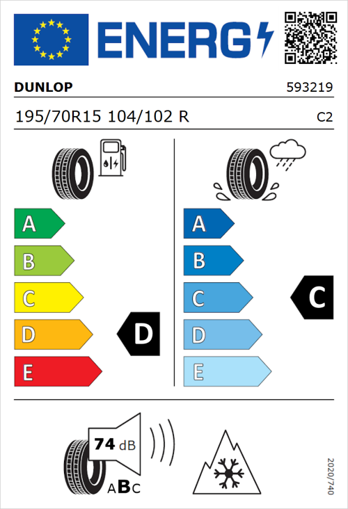 Tyre Label for Dunlop Econodrive A/S 195/70R15 104/102R