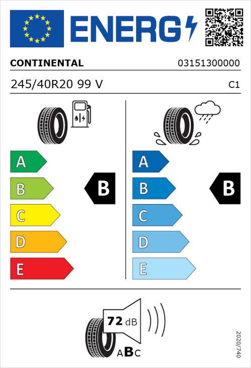 Tyre Label for Continental PremiumContact 6 245/40R20 99V