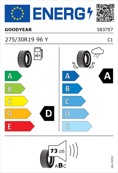Tyre Label for Goodyear Eagle F1 SuperSport 275/30R19 96Y