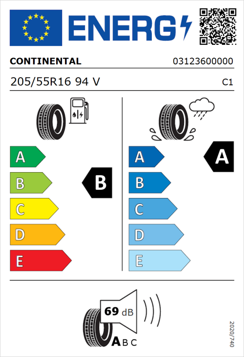 Tyre Label for Continental UltraContact 205/55R16 94V