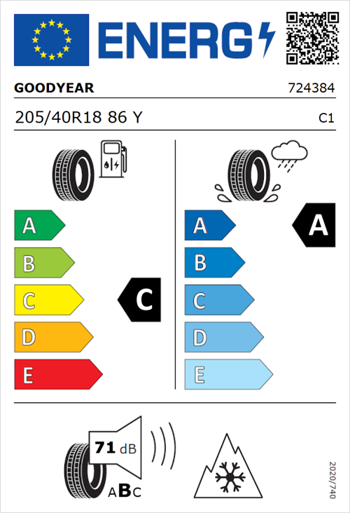 Tyre Label for Goodyear Vector 4Seasons Gen-1 205/40R18 86Y